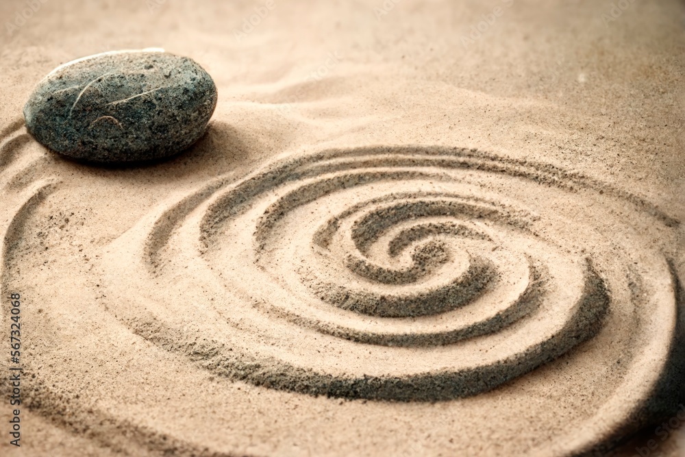 Zen Abstract Zen sand garden. White and gray zen stones on sand with abstract wave ...
