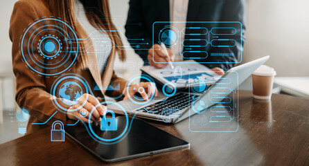 Wall Mural - cyber security data protection business working on compute intelligenc digital tablet global network
