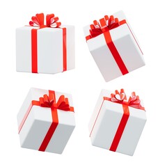 Different views of white gift box with red ribbon isolated on white background, 3D render