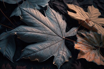 Wall Mural - leaves abstract background, close-up dry leaves on ground in brown, blue grey tone color of winter, Generative Ai