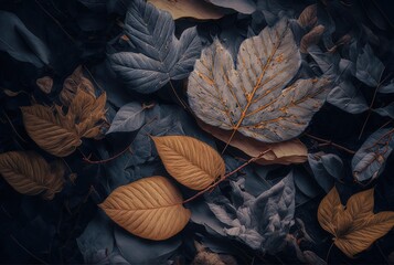 Wall Mural - leaves abstract background, close-up dry leaves on ground in brown, blue grey tone color of winter, Generative Ai