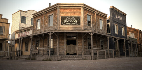 3d illustration rendering of an empty street in an old wild west town with wooden buildings.