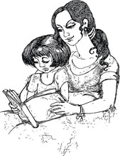 Mom And Her Little Daughter Are Reading A Book. Engraved Style.