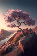Lonely Pink Sakura Tree On A Rocky High Cliff Edge At Sunset, Ai Generated
