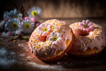 two donuts decorated with Sakura flower pink and white color, idea for spring season or romantic love concept background wallpaper, Generative Ai