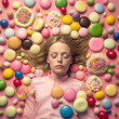 © aledesun - generative ai illustration of a blonde young woman sleeping and dreaming sweets things, pastel color flat background