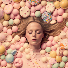 generative ai illustration of a blonde young woman sleeping and dreaming sweets things, pastel color flat background