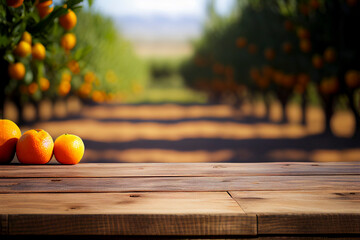 Wooden table and orange trees for product and merchandise display created with Generative Ai technology