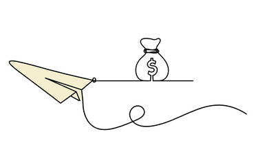 Wall Mural - Abstract color paper plane with dollar as line drawing on white