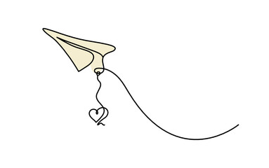 Wall Mural - Abstract color paper plane with heart as line drawing on white