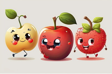 Wall Mural - cartoon characters of apple, happy and smile, cute fruit monsters, white background, vector illustration, Made by AI,Artificial intelligence