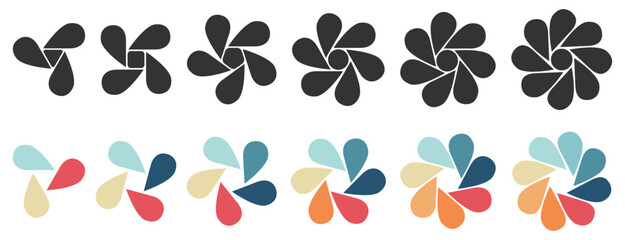 Sticker - Water drops or leaves shaped object forming circle flower, version with three to eight petals - can be used as infographics element