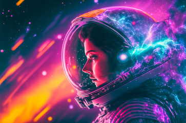 Wall Mural - fantasy vivid colored portrait of an astronaut youg girl with nebula in background. fictional charac