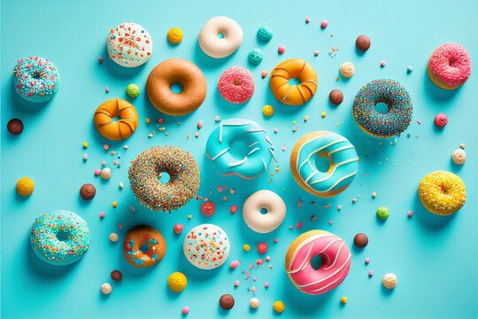 Donuts of different colors on a blue background. Created with generative Ai technology.