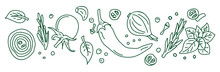 Banner. Spices And Vegetables Background. Vector Background With Handmade Herbs. Sketch Design. 