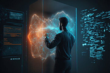 cyber security concept with businessman protect data and privacy and data privacy protection concept with shield and lock icon, ai	