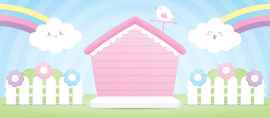 Wall Mural - cute kawaii pink house shape backdrop display stage with happy cloud and bird 3d illustration vector for putting baby product or kid object