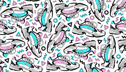 Seamless pattern with sneakers in retro Memphis style. 90s, Y2K aesthetic. Vector background in trendy neon colors