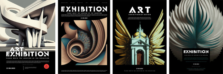 Posters for an exhibition of contemporary art, design, architecture and sculpture. Vector abstract illustrations of shapes and compositions for background, cover or flyer