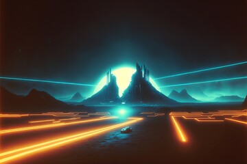 Wall Mural - cyber circuit mountain with view of cyber highway