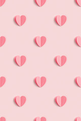 Wall Mural - Pink hearts on pink color background, minimal trend seamless aesthetic pattern, pastel monochrome print as valentines day or wedding background. Hearts symbol of love, romantic holiday concept