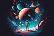 © overrust - Space, science fiction, future. retro illustrations of astronaut, galaxy, planet, moon, space objects for poster, background or cover, generative ai