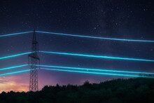 Electric Transmission Tower With Glowing Wires Against The Starry Sky Background. High Voltage Electrical Pylon. Energy Concept.