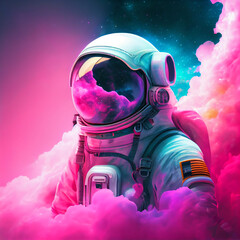 Wall Mural - 3d illustration of man in space suit inside softly glowing pink and blue galactic cloud. peaceful ga