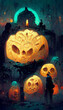 © simon - Mayan style halloween theme pumpkins ghosts in the dark night illustration Generative AI Content by Midjourney