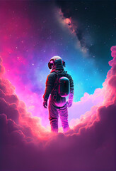 Wall Mural - 3d illustration of man in space suit inside softly glowing pink and blue galactic cloud. peaceful ga