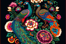 Exotic Oriental Pattern With Peacocks Created With Generative AI Technology