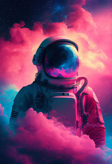 Wall Mural - 3d illustration of man in space suit inside softly glowing pink and blue galactic cloud. peaceful ga