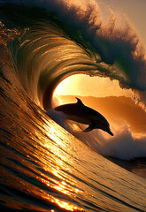 Wall Mural - dolphin jumping waves, sunset over the ocean, generative ai