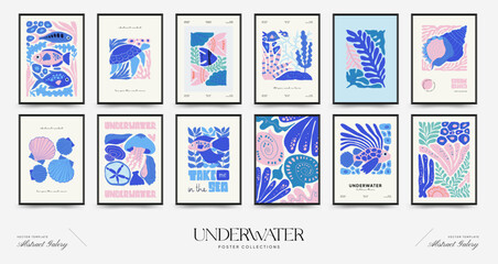 Wall Mural - Underwater world, ocean, sea, fish and shells vertical flyer or poster template. Modern trendy Matisse minimal style. Hand drawn design for wallpaper, wall decor, print, postcard, cover, template