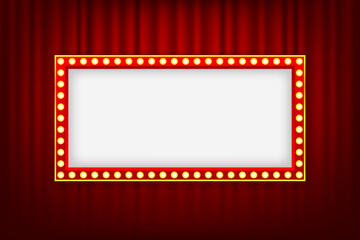 retro lightbox with light bulbs on a silky luxury curtain stage. vintage theater signboard mockup. r