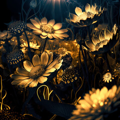 Wall Mural - golden light flowers on dark background 