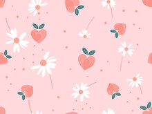 Seamless Pattern With Heart Shaped Peach And Daisy Flower On Pink Background Vector Illustration. Cute Fruit Print.