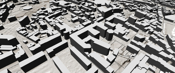 Wall Mural - Urbanisme et territoire - Rendu 3d d'une plan cadastral  avec bâtiments 3d du centre-ville d'une métropole et délimitation des parcelles