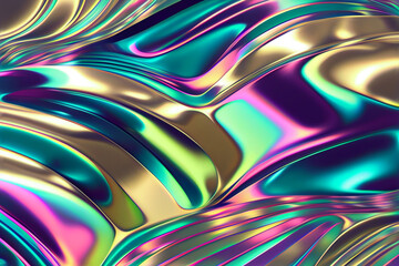 Wall Mural - Iridescent liquid metal surface with ripples. 3d illustration. Abstract fluorescent background. Fluid neon leak backdrop. Decoration for futuristic design.Generative Ai.