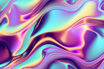 Wall Mural - Iridescent liquid metal surface with ripples. 3d illustration. Abstract fluorescent background. Fluid neon leak backdrop. Decoration for futuristic design.Generative Ai.