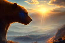 Big Brown Bear At The Top Of Hill Against Sunset, Golden Hour. AI Generated