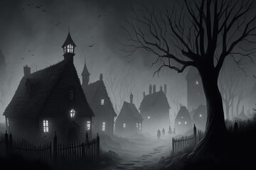 Wall Mural - Dark and misty, the settlement of the hunted is obscured by thick fog. Halloween concept design, terrifying ambiance of a community in a medieval setting during the black plague death. Generative AI