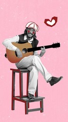 creative portrait of stylish man, musician playing guitar, performing. mix photography and illustrat