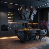 Fototapeta  - Modern contemporary luxury interior design, a combination of dark wall color and furniture . 3d rendering of the dining room, generative AI
