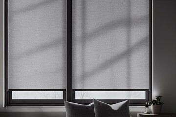 Roller blinds closeup on the window in the interior. Blackout roller shades for big windows. Chain control. Grey color, texture material. Sun protection and window decoration. Generative AI