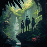 A group of friends looking a way in a tropical jungle, illustration - Generative AI