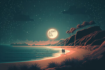 Sticker - Fantasy of beautiful nature featuring a moonlit beach and stars. vintage toned colors in a retro style. Background image A honeymoon during the summertime under the stars. Generative AI