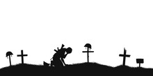 Crying Soldier On War Cemetery. Black Silhouette Of Battle Scene. Panorama With Warrior Graves, Crosses And Tombstones. Memorial Day Background
