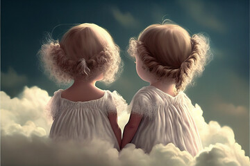 2 cute angels from the back, standing on a cloud