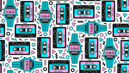 90s, y2k seamless pattern in retro Memphis style. Vector background with Audio cassette tape and digital wrist watch in trendy neon colors